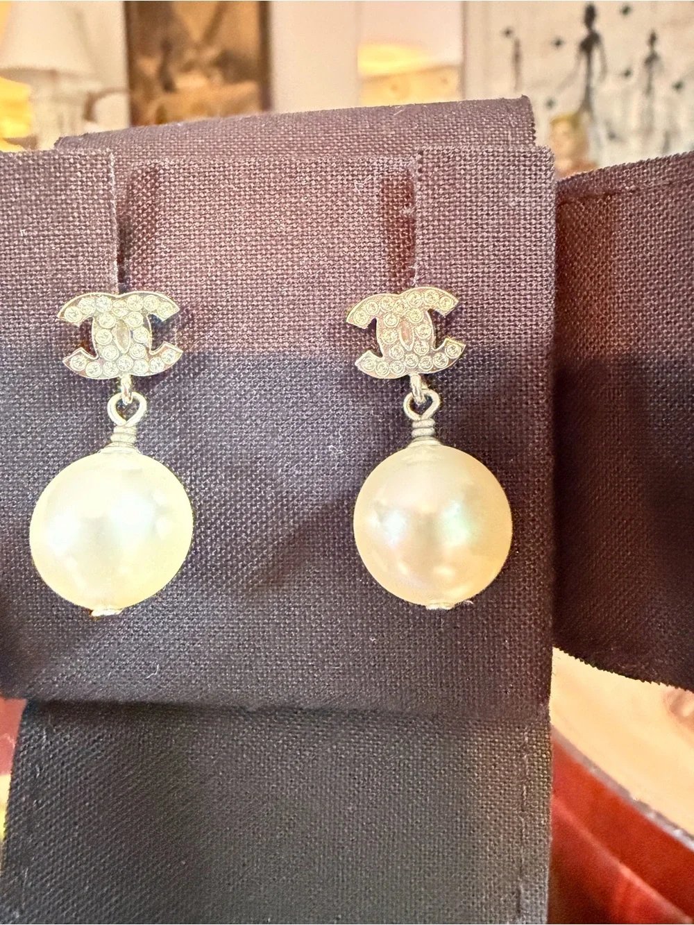 CHANEL Authentic CHANEL Crystal CC Pearl Dangle Drop Earrings Silver with Box